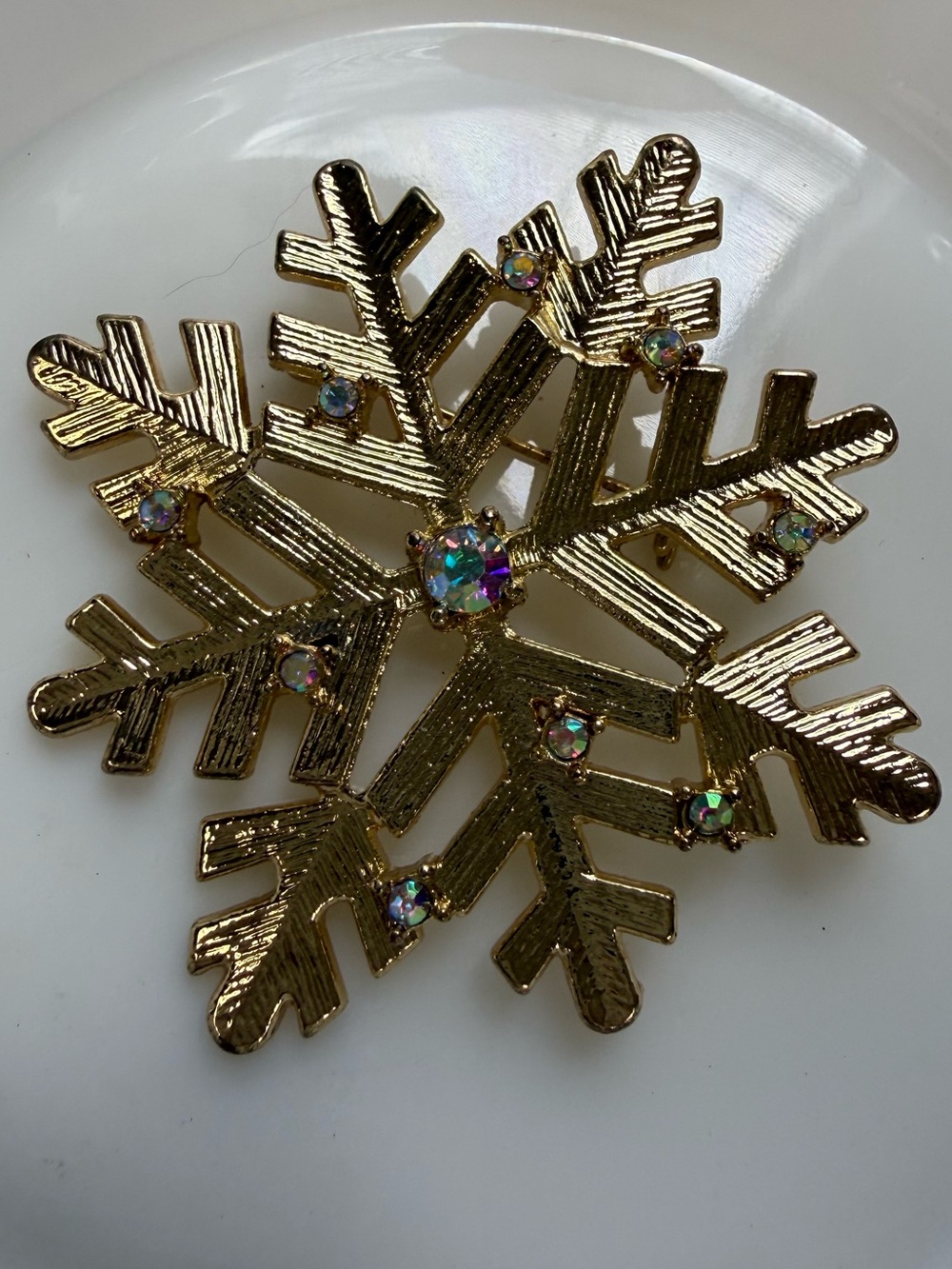Vintage Gold Snowflake Brooch with Aurora Rhinestones